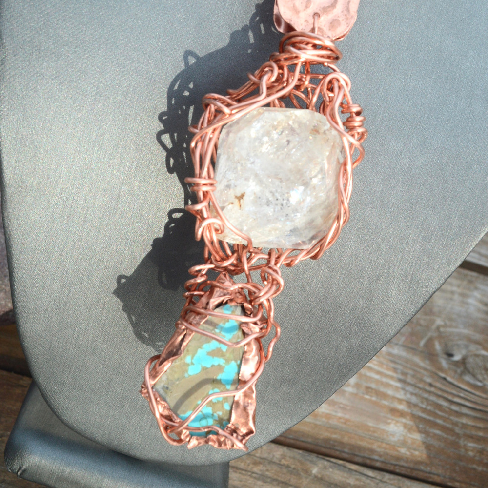 Genuine Turquoise Herkimer Diamond Copper Pendant - Picture 5 of 8